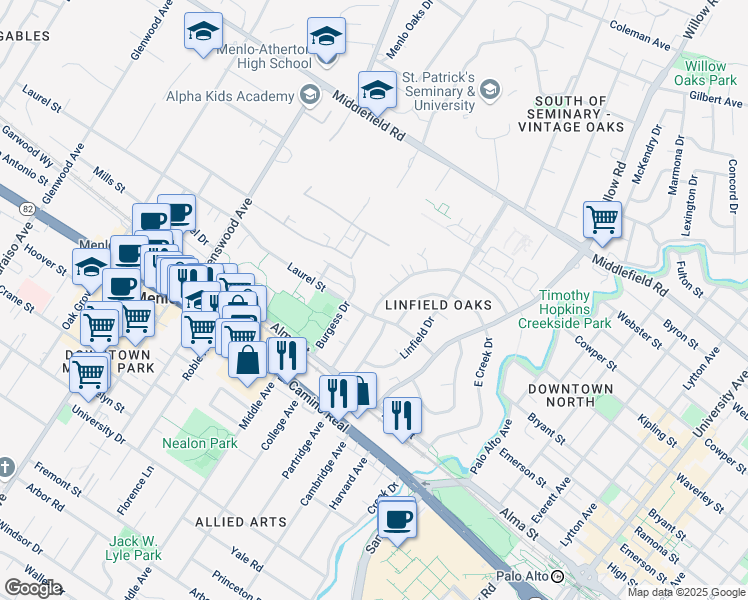 map of restaurants, bars, coffee shops, grocery stores, and more near 360 Waverley Street in Menlo Park