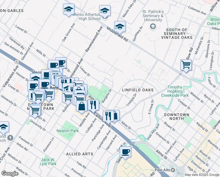 map of restaurants, bars, coffee shops, grocery stores, and more near 560 Laurel Street in Menlo Park