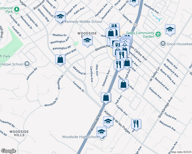 map of restaurants, bars, coffee shops, grocery stores, and more near 2718 Ohio Avenue in Redwood City