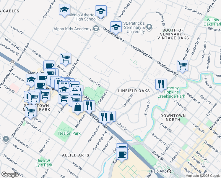 map of restaurants, bars, coffee shops, grocery stores, and more near 500 Laurel Street in Menlo Park