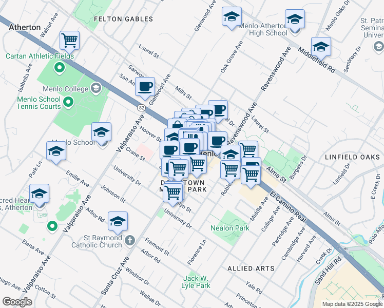 map of restaurants, bars, coffee shops, grocery stores, and more near 642 Santa Cruz Avenue in Menlo Park