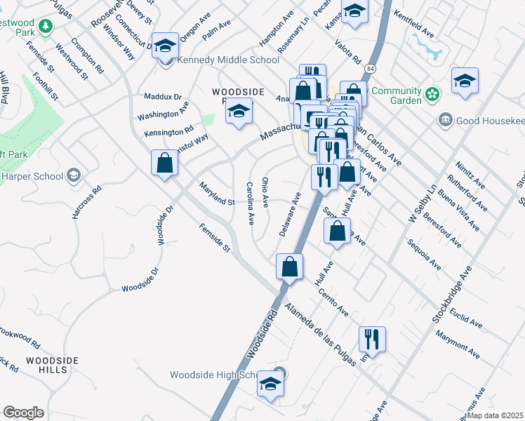map of restaurants, bars, coffee shops, grocery stores, and more near 2718 Ohio Avenue in Redwood City