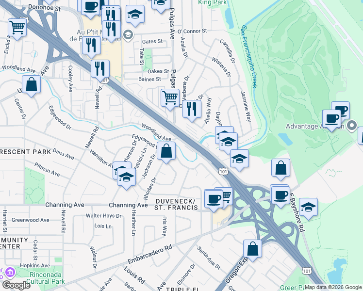 map of restaurants, bars, coffee shops, grocery stores, and more near 1982 West Bayshore Road in East Palo Alto