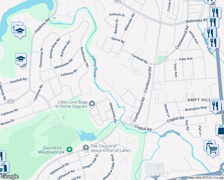 map of restaurants, bars, coffee shops, grocery stores, and more near 3313 Shady Creek Road in Richmond