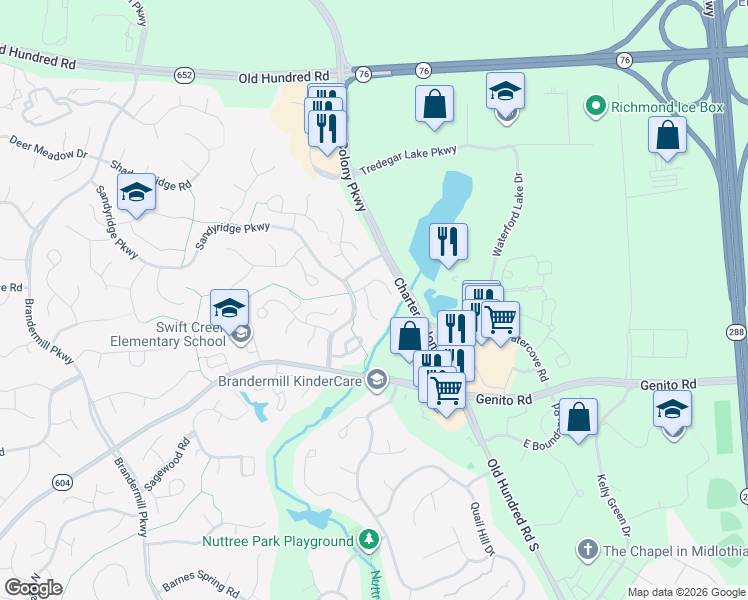 map of restaurants, bars, coffee shops, grocery stores, and more near 2605 Cradle Hill Court in Midlothian