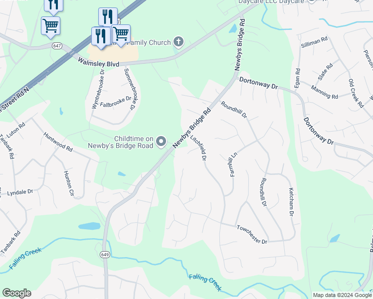 map of restaurants, bars, coffee shops, grocery stores, and more near 7706 Buttermere Court in Chesterfield