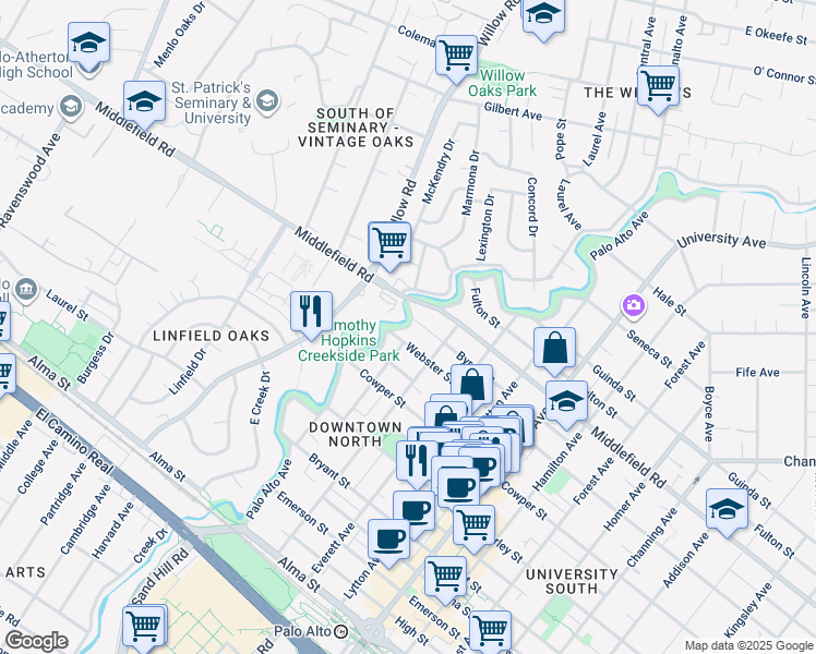 map of restaurants, bars, coffee shops, grocery stores, and more near Palo Alto Avenue in Palo Alto