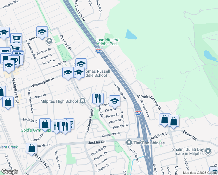 map of restaurants, bars, coffee shops, grocery stores, and more near 888 Founders Lane in Milpitas