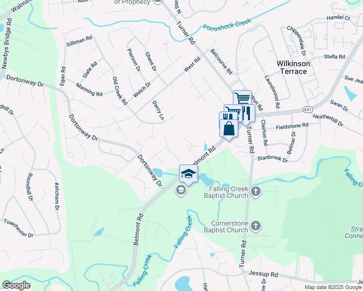 map of restaurants, bars, coffee shops, grocery stores, and more near 6418 Belmont Road in Chesterfield