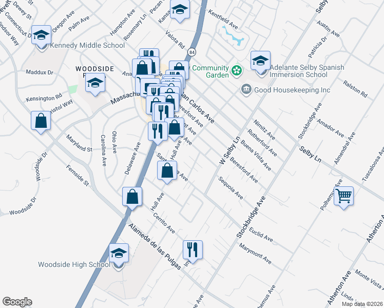 map of restaurants, bars, coffee shops, grocery stores, and more near 308 Sequoia Avenue in Redwood City