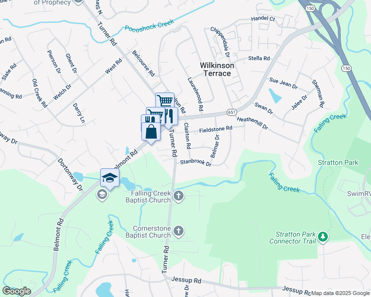 map of restaurants, bars, coffee shops, grocery stores, and more near 4432 Clairton Road in Richmond