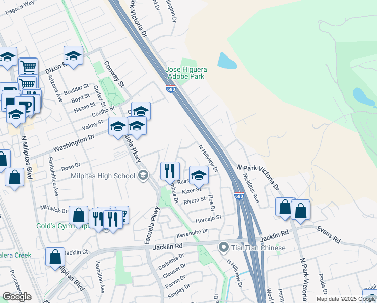 map of restaurants, bars, coffee shops, grocery stores, and more near 888 Founders Lane in Milpitas
