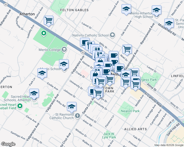 map of restaurants, bars, coffee shops, grocery stores, and more near 719 Elizabeth Lane in Menlo Park