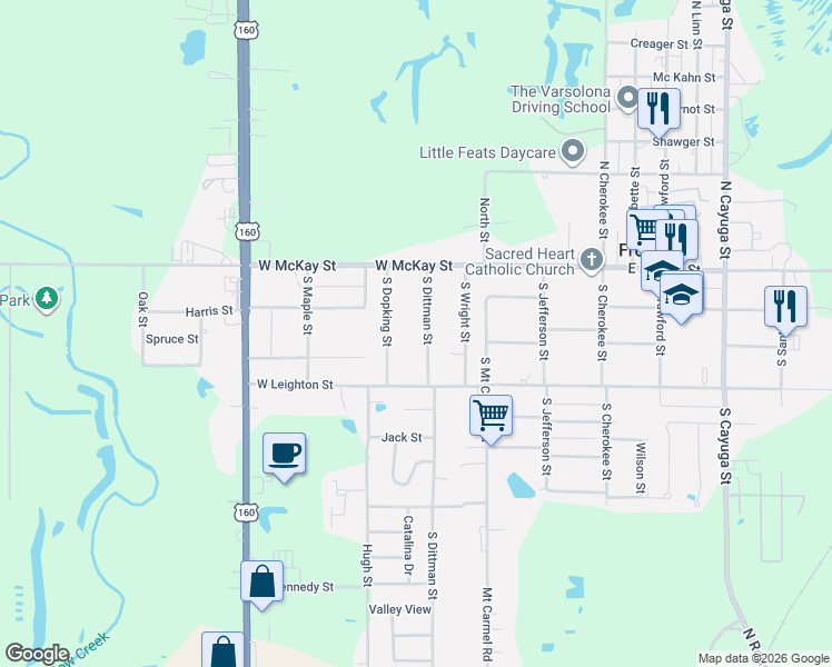 map of restaurants, bars, coffee shops, grocery stores, and more near 101-199 Dittman Street in Frontenac