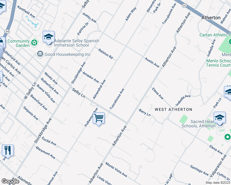 map of restaurants, bars, coffee shops, grocery stores, and more near 172 Tuscaloosa Avenue in Atherton