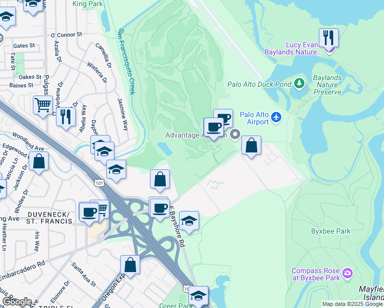 map of restaurants, bars, coffee shops, grocery stores, and more near in Palo Alto