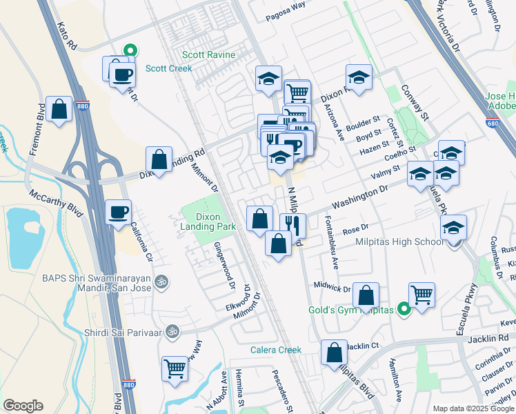 map of restaurants, bars, coffee shops, grocery stores, and more near 1515 North Milpitas Boulevard in Milpitas