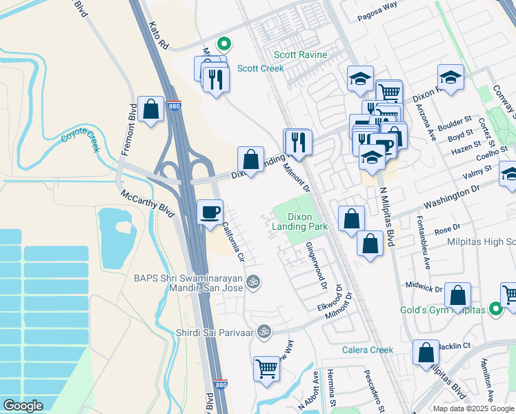 map of restaurants, bars, coffee shops, grocery stores, and more near 440 Dixon Landing Road in Milpitas