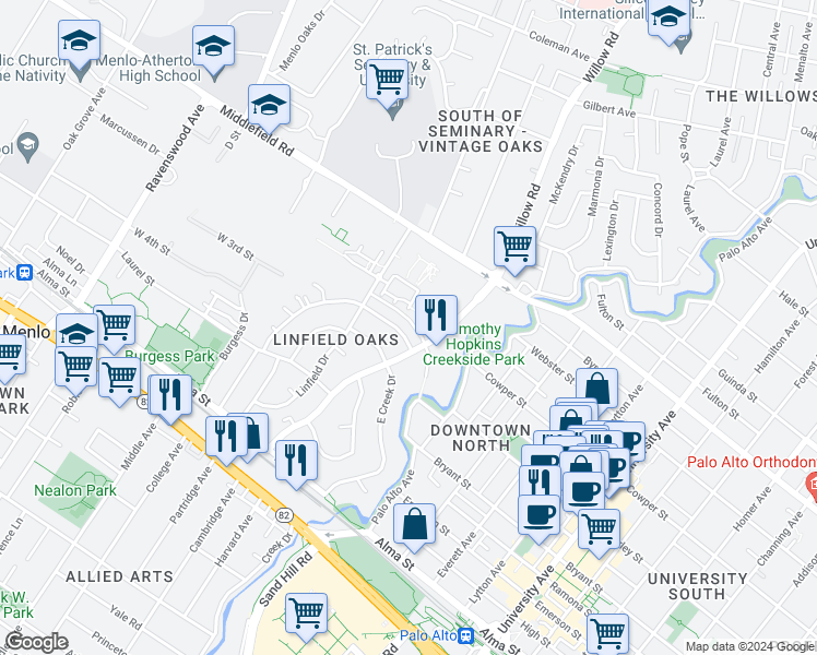 map of restaurants, bars, coffee shops, grocery stores, and more near 829 Paulson Circle in Menlo Park