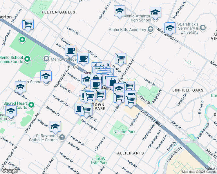 map of restaurants, bars, coffee shops, grocery stores, and more near 1077 El Camino Real in Menlo Park