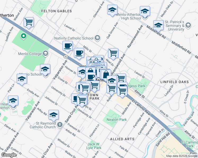map of restaurants, bars, coffee shops, grocery stores, and more near 1077 El Camino Real in Menlo Park