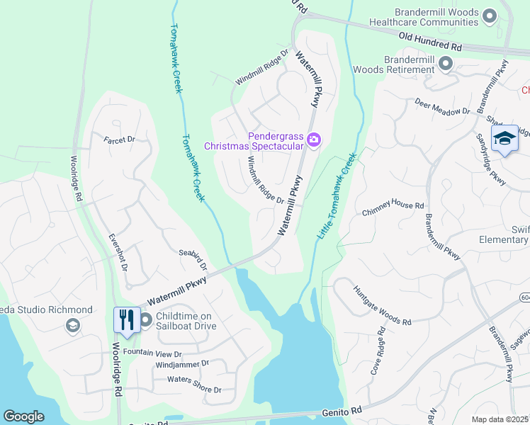 map of restaurants, bars, coffee shops, grocery stores, and more near 14807 Flour Mill Court in Midlothian