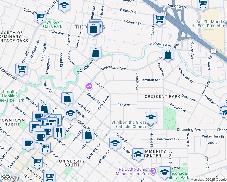 map of restaurants, bars, coffee shops, grocery stores, and more near 1007 Forest Avenue in Palo Alto