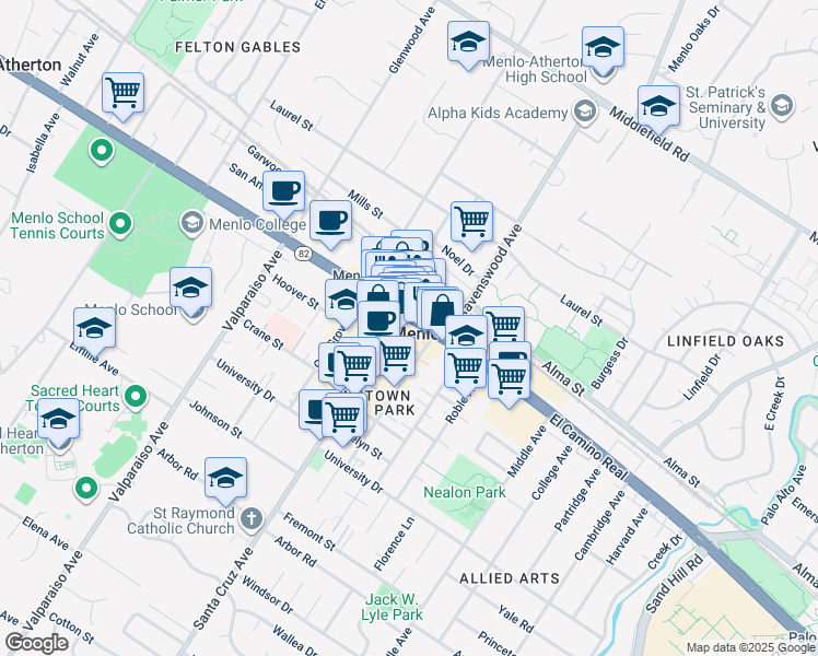 map of restaurants, bars, coffee shops, grocery stores, and more near 1077 El Camino Real in Menlo Park