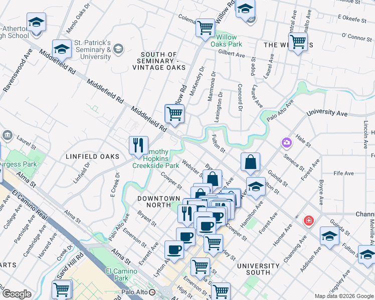 map of restaurants, bars, coffee shops, grocery stores, and more near 2 Byron Street in Palo Alto