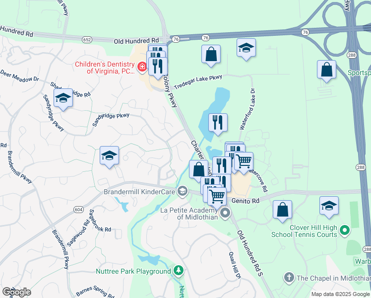 map of restaurants, bars, coffee shops, grocery stores, and more near 13605 Cradle Hill Road in Midlothian