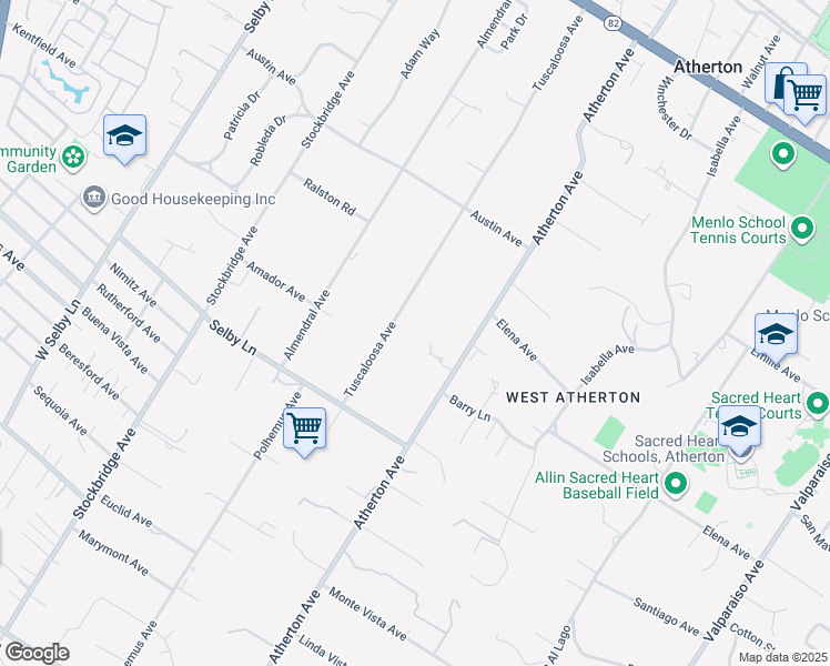 map of restaurants, bars, coffee shops, grocery stores, and more near 161 Tuscaloosa Avenue in Atherton