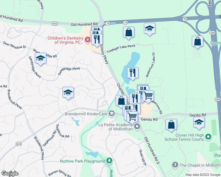 map of restaurants, bars, coffee shops, grocery stores, and more near 2603 Cradle Hill Court in Midlothian