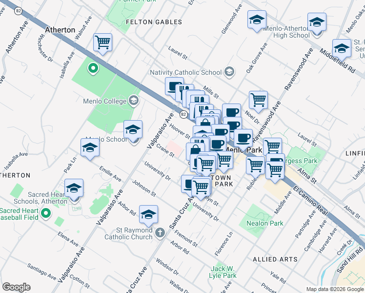 map of restaurants, bars, coffee shops, grocery stores, and more near 702 Elizabeth Lane in Menlo Park