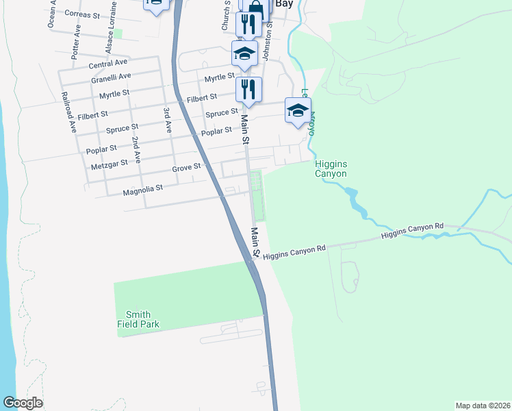 map of restaurants, bars, coffee shops, grocery stores, and more near 153 Main Street in Half Moon Bay