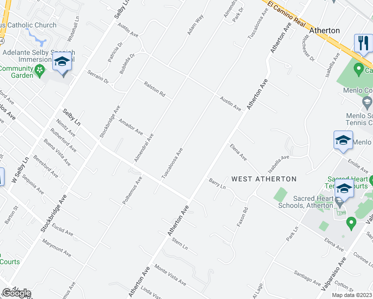 map of restaurants, bars, coffee shops, grocery stores, and more near 161 Tuscaloosa Avenue in Atherton