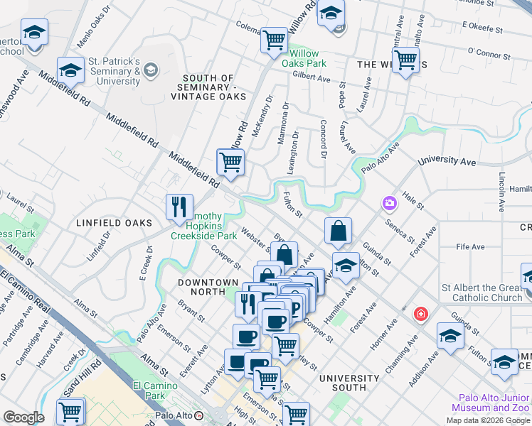 map of restaurants, bars, coffee shops, grocery stores, and more near 128 Middlefield Road in Palo Alto