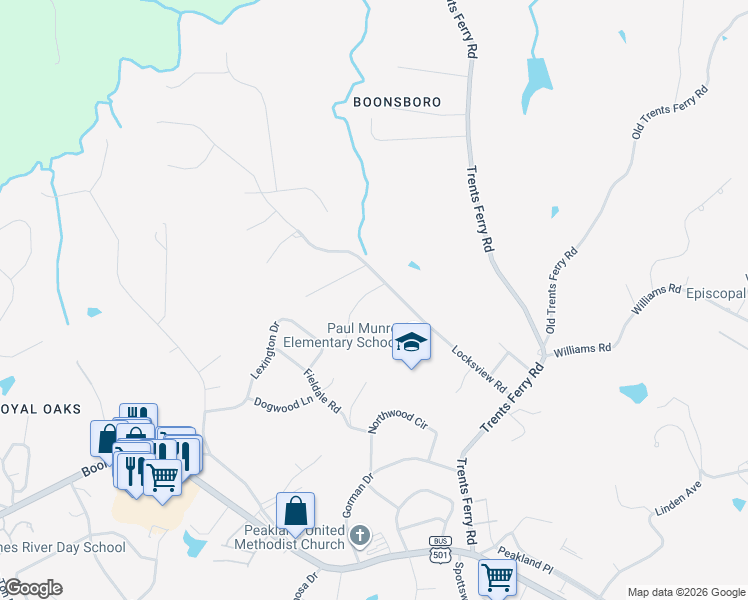 map of restaurants, bars, coffee shops, grocery stores, and more near 4713 Locksview Road in Lynchburg