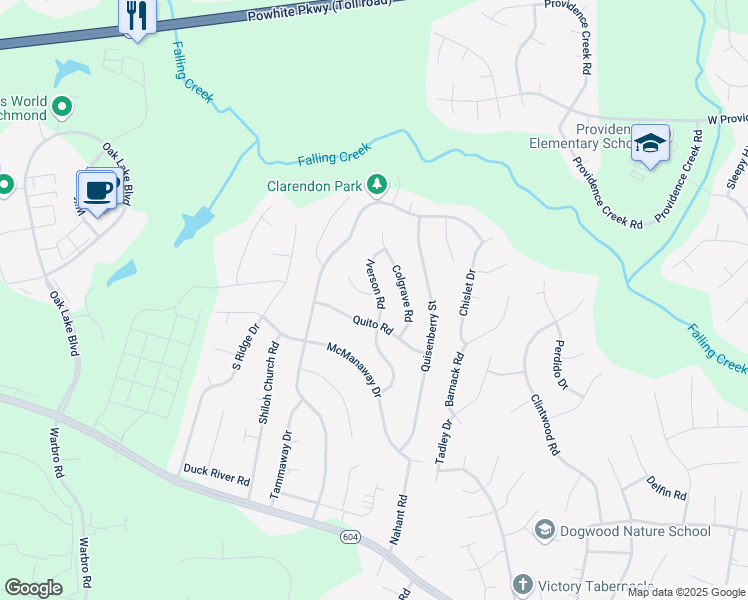 map of restaurants, bars, coffee shops, grocery stores, and more near 12100 Iverson Court in Midlothian