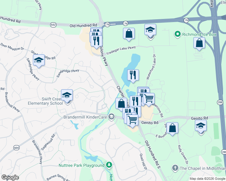 map of restaurants, bars, coffee shops, grocery stores, and more near 13606 Cradle Hill Road in Midlothian