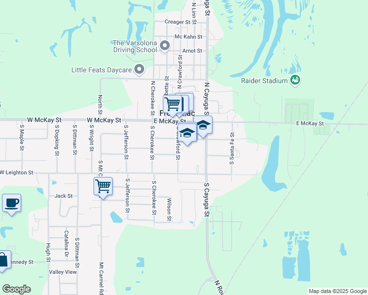 map of restaurants, bars, coffee shops, grocery stores, and more near 201 South Crawford Street in Frontenac