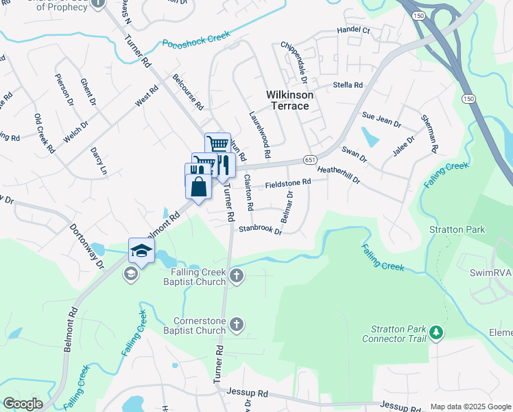 map of restaurants, bars, coffee shops, grocery stores, and more near 4437 Clairton Road in Richmond