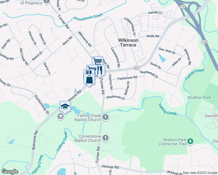 map of restaurants, bars, coffee shops, grocery stores, and more near 4426 Clairton Road in Richmond