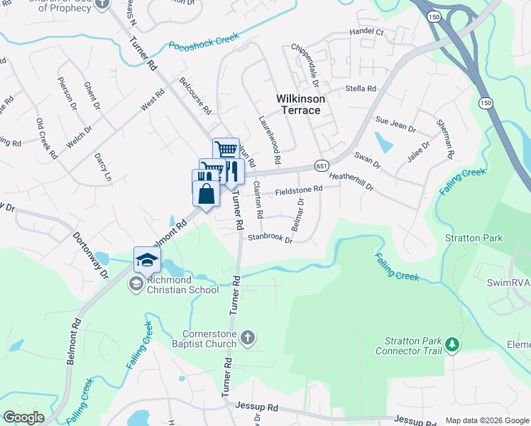 map of restaurants, bars, coffee shops, grocery stores, and more near 4417 Clairton Road in Richmond