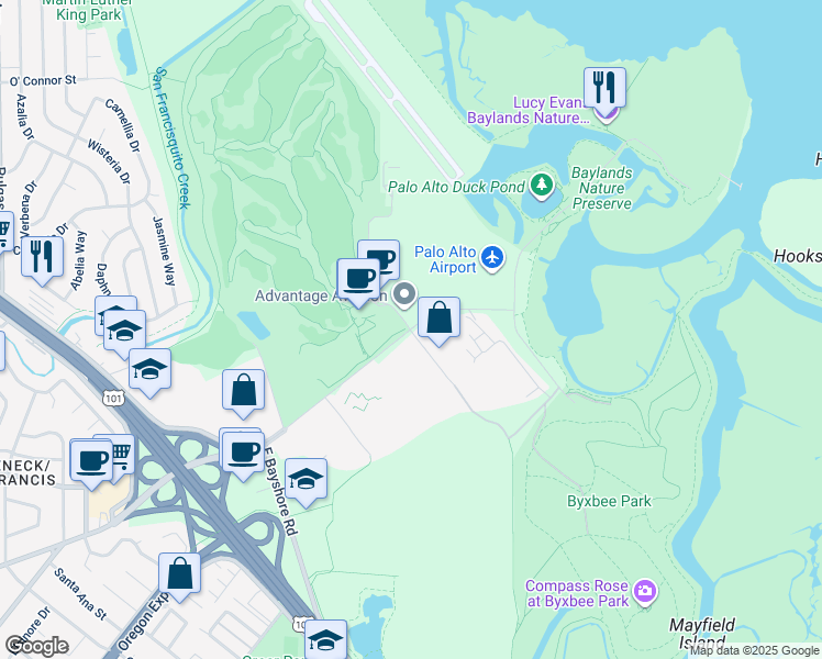 map of restaurants, bars, coffee shops, grocery stores, and more near Embarcadero Rd & Embarcadero Way in Palo Alto