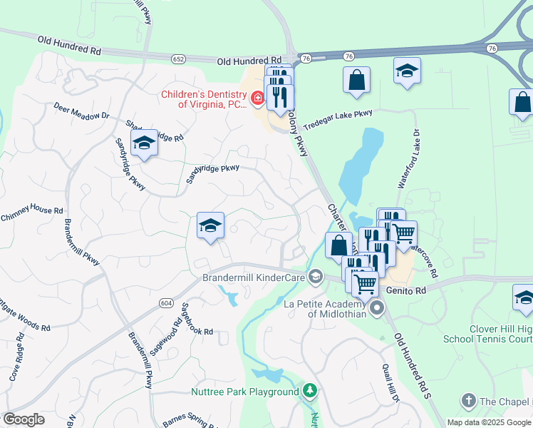 map of restaurants, bars, coffee shops, grocery stores, and more near 2514 Crosstimbers Court in Midlothian