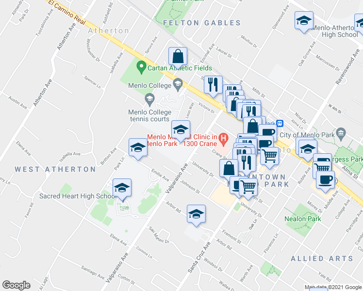 map of restaurants, bars, coffee shops, grocery stores, and more near 50 Valparaiso Avenue in Atherton