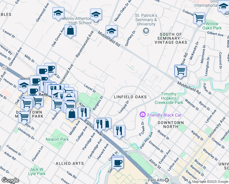 map of restaurants, bars, coffee shops, grocery stores, and more near 348 Waverley Street in Menlo Park
