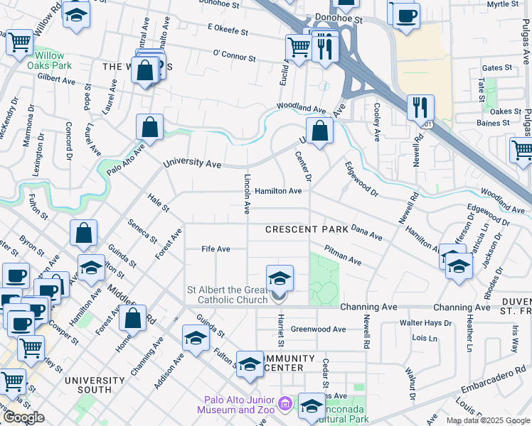 map of restaurants, bars, coffee shops, grocery stores, and more near 1256 Dana Avenue in Palo Alto