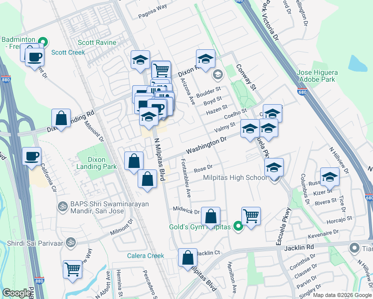 map of restaurants, bars, coffee shops, grocery stores, and more near 137 Washington Drive in Milpitas