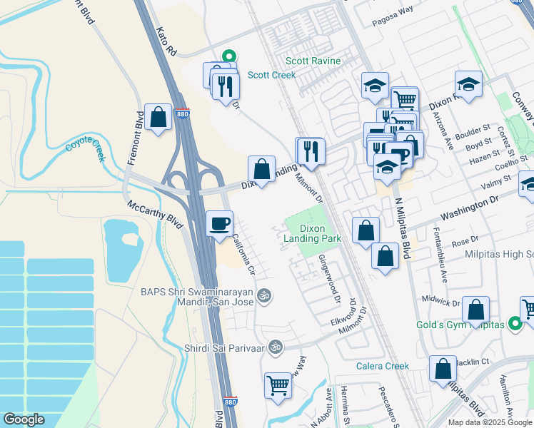 map of restaurants, bars, coffee shops, grocery stores, and more near 440 Dixon Landing Road in Milpitas
